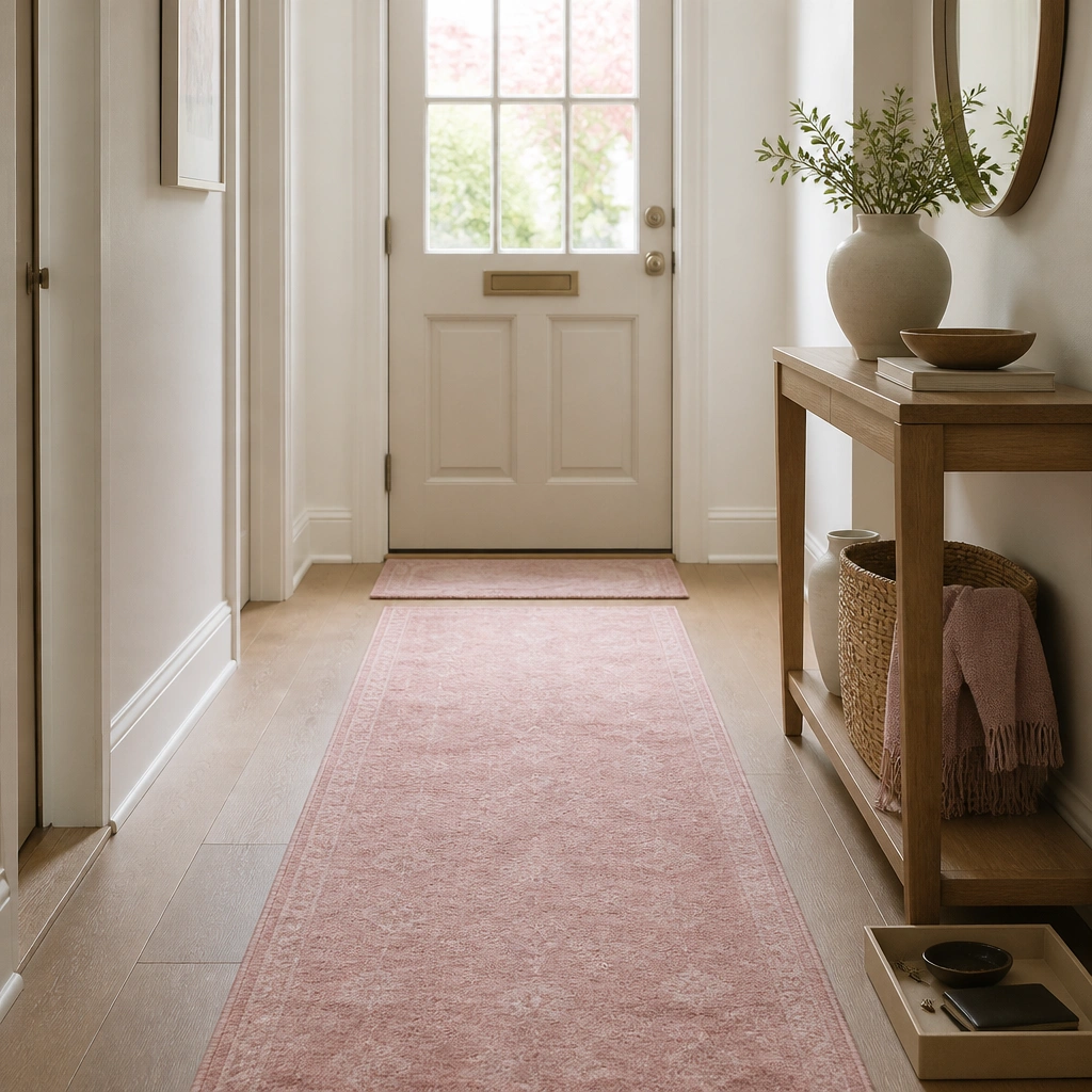 A narrow entry area with a blush pink runner rug leading toward the door. A matching blush doormat sits at the threshold. A small entry tray is placed near a console, and the walls are light neutral.