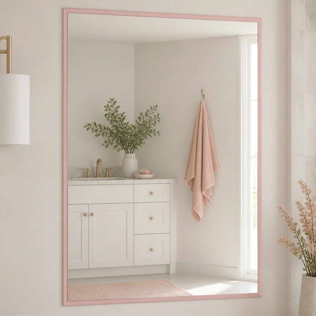 A bathroom mirror with a thin pink frame effect. The mirror reflects a white vanity and a blush towel. The frame looks like a border layer, not a full replacement mirror, and the edges are neatly aligned.