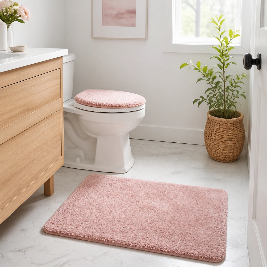 A bathroom floor with a plush blush pink bath mat. A matching pink toilet lid cover sits neatly on top of the toilet. White walls and a light wood vanity keep the color looking fresh.
