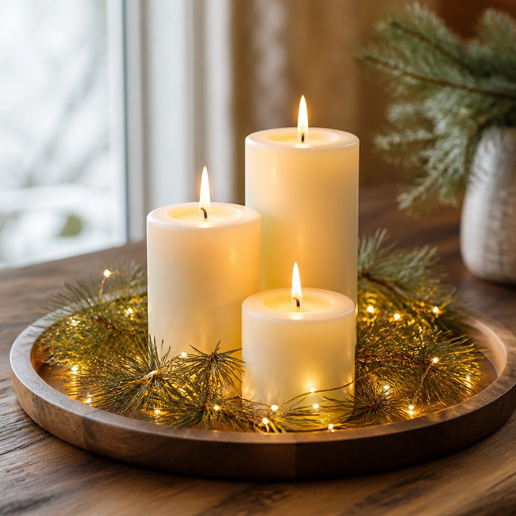Three varying heights of cream pillar candles grouped on a wooden tray, surrounded by amber micro-LED string lights woven around the base; warm light reflects off the tray and nearby pine sprigs.