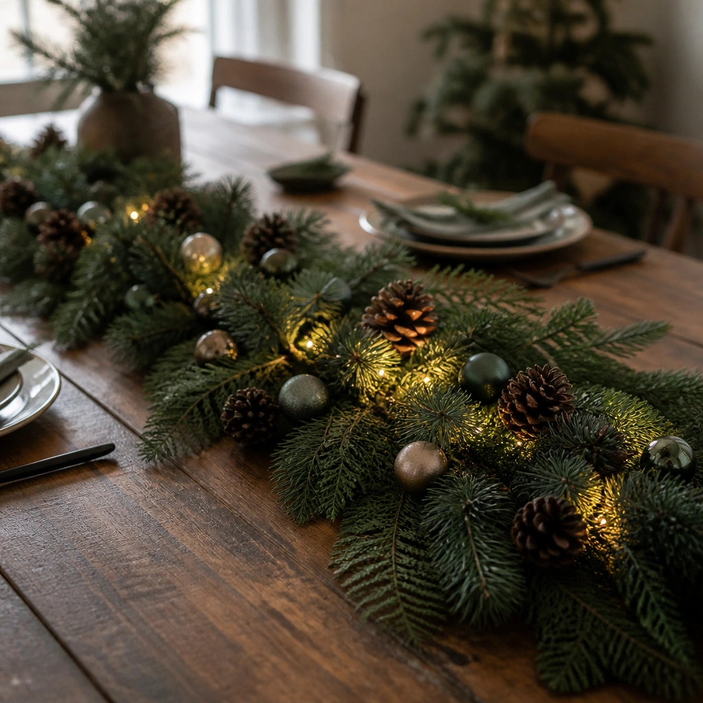 A dark green evergreen table runner layered with pinecones and small ornaments, with a thin line of warm white fairy lights tucked underneath so the glow comes from the center of the runner.