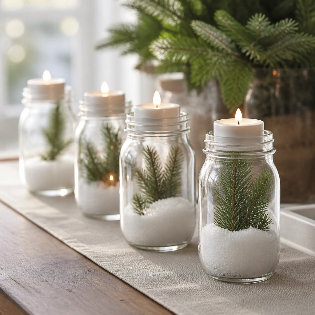 Clear mason jars filled with faux snow and tiny evergreen branches, each jar capped with a warm LED tea light; a few jars sit along the table edge on a linen runner.