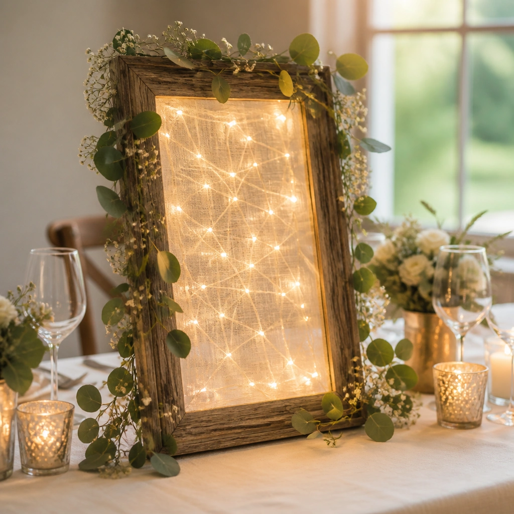 A rustic wood picture frame leaned upright at the table center, decorated with a garland and warm white LED string lights crisscrossing behind sheer fabric; the frame casts a gentle glow onto the table.