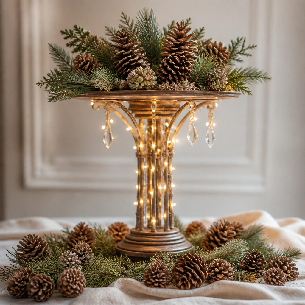 A tall cake stand topped with pinecones and greenery, with warm LED fairy lights wrapped around the vertical stems like a small chandelier; the base is surrounded by scattered pinecones.