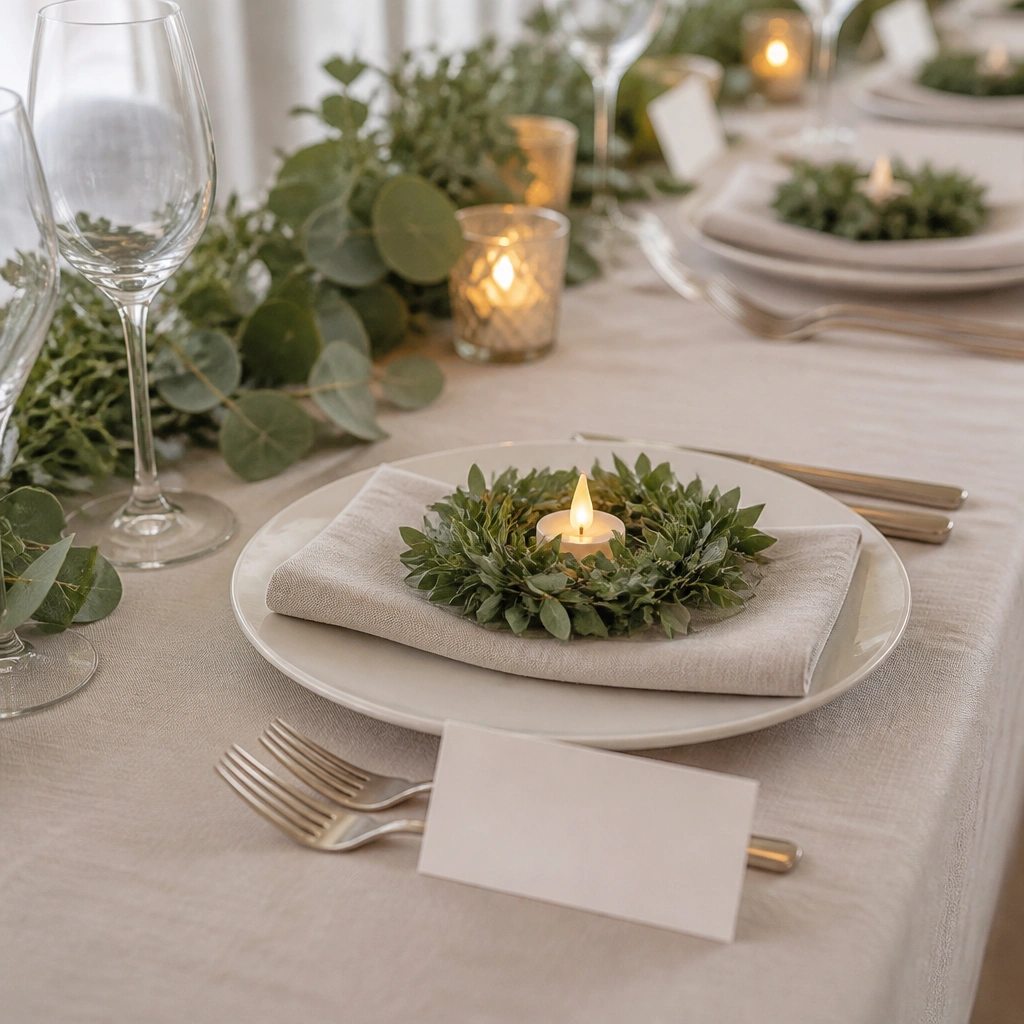 Small wreaths (made of faux greenery) placed at each seat setting, each wreath holding a tiny warm LED candle or mini lighted pick; place cards sit in front of the wreaths.