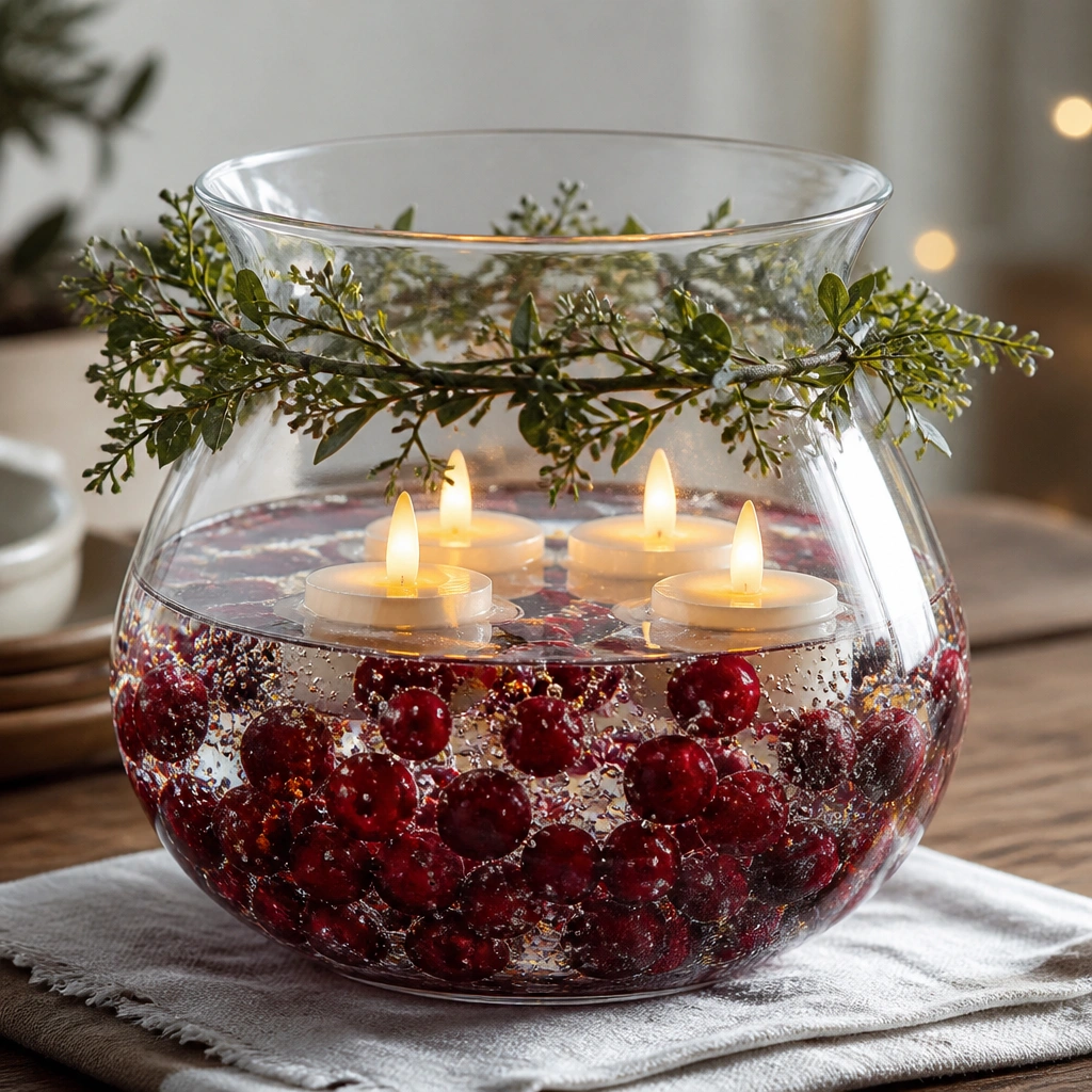 A clear glass hurricane bowl filled with water-like gel and faux cranberries, with several floating warm LED tea lights creating a soft halo; small sprigs ring the top.