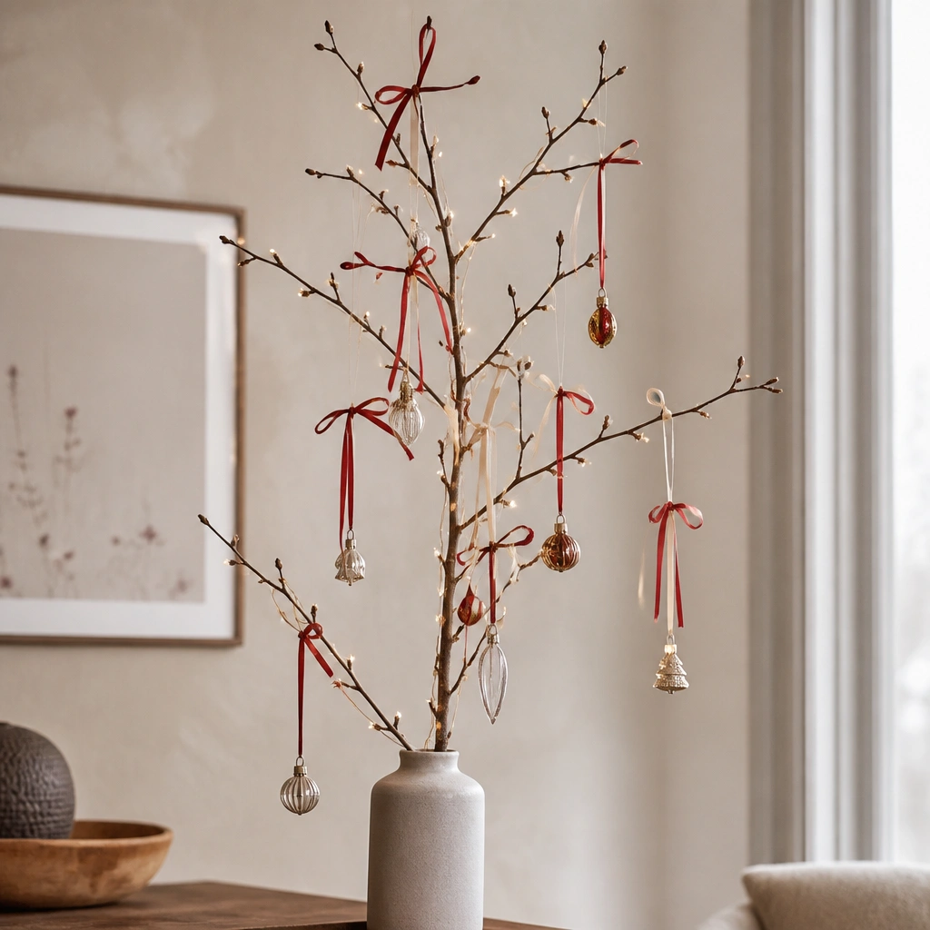 A tall, slender branch in a vase, wrapped with warm white LED string lights and tied with red-and-cream ribbon loops; small ornaments hang from the ribbons.