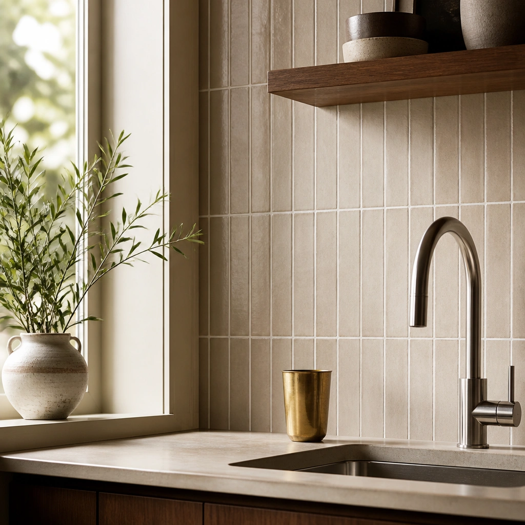 A compact kitchen corner with a linen-beige tile backsplash. The grout is a creamy off-white, and small rectangular tiles run vertically behind a slim countertop. A stainless faucet and a single brass cup sit on the counter.