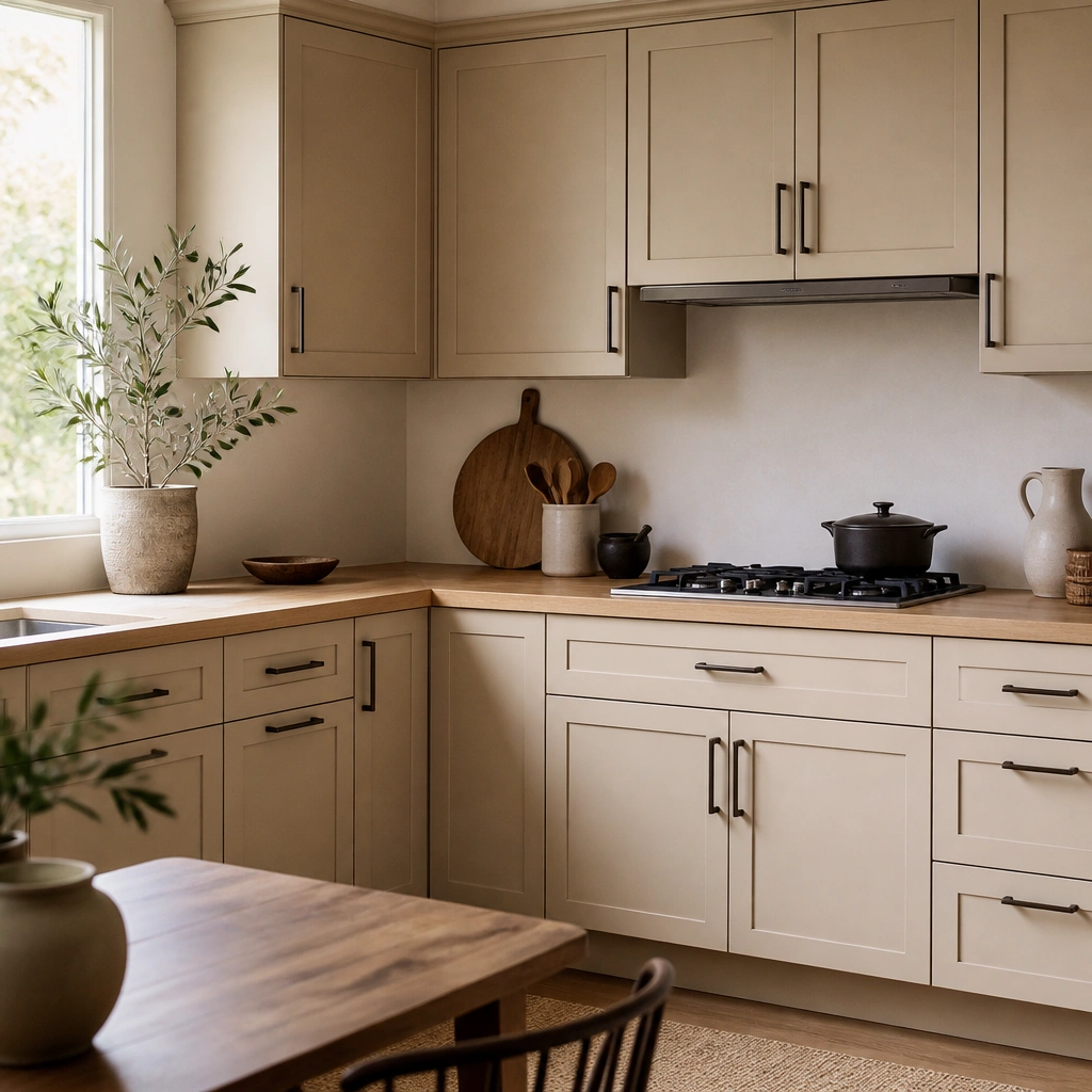 A small kitchen with beige shaker-style cabinet doors. Hardware is dark brushed bronze on both drawers and doors. Countertops are light wood, and the cabinet uppers have a simple trim line.