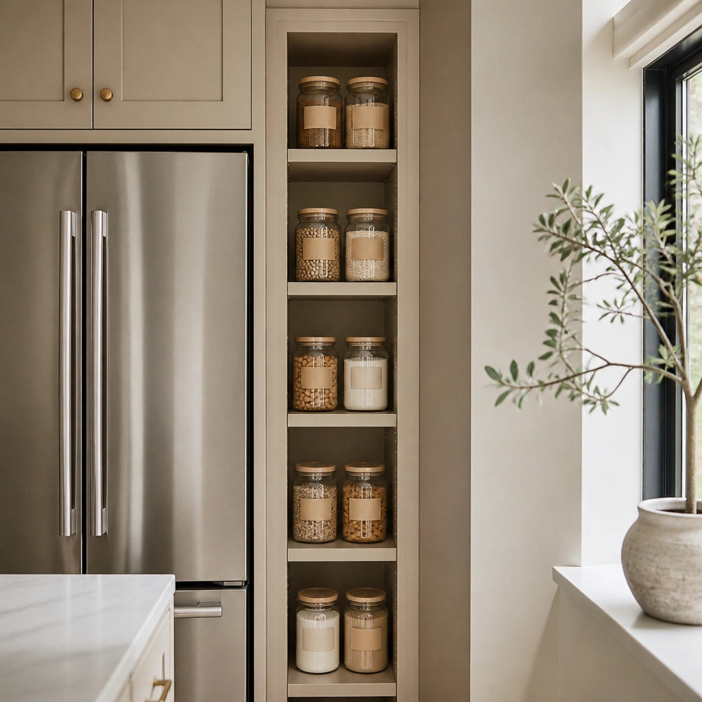 A narrow pantry column tucked between the fridge and a wall. The column is wrapped in warm beige paint that matches the base cabinets. Adjustable shelves hold uniform beige-labeled jars.