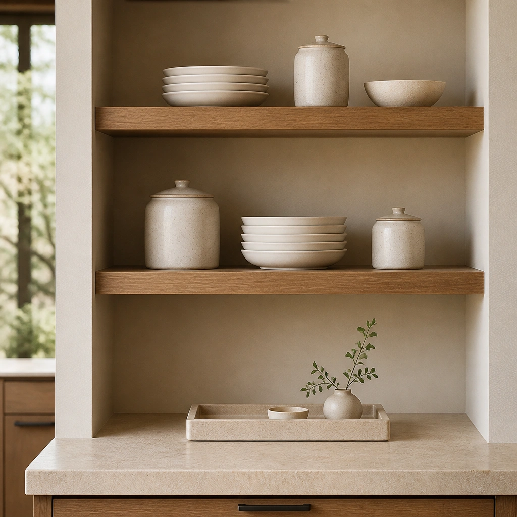 Open shelves over a small beige countertop. The shelf backing is painted a warm beige, and the shelves hold a few neatly stacked white plates and beige ceramic canisters. A small tray sits centered.