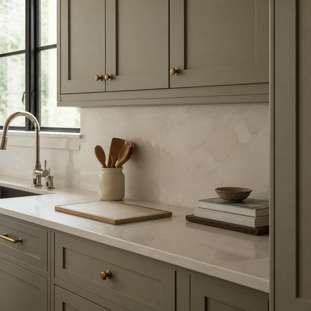 A narrow kitchen counter with clear zones: a beige cutting board near the sink, a small utensil crock in warm cream, and a single stack of cookbooks on a tray. Everything else is put away behind cabinet doors.