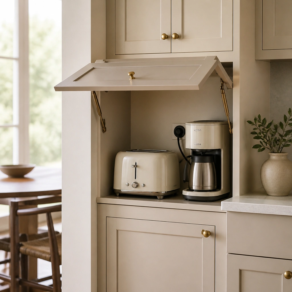 A slim appliance garage unit built into a small kitchen wall. It’s painted a soft beige with a flip-up door. A toaster and a compact coffee maker sit inside, with a cord neatly routed.