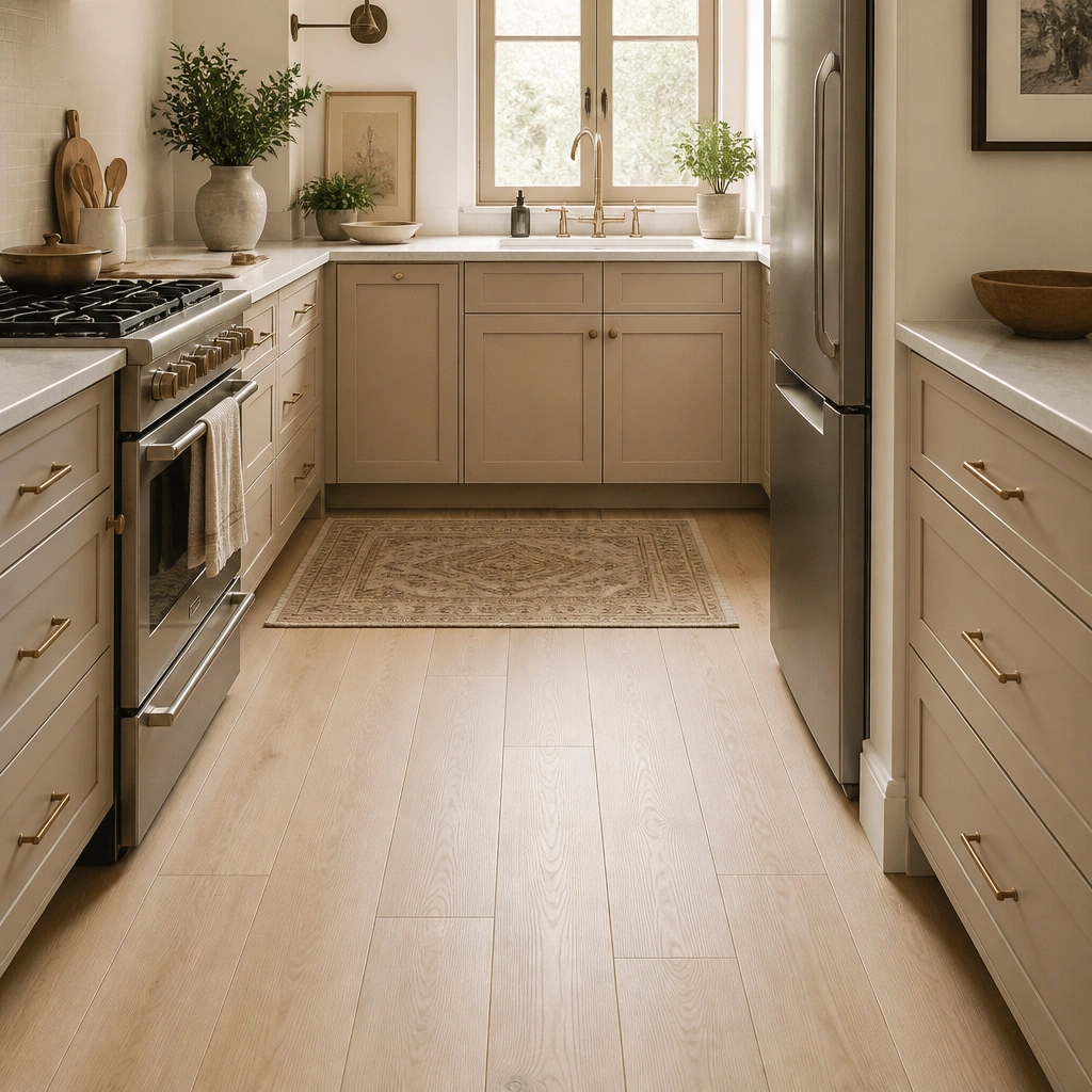A small kitchen with light beige wood-look plank flooring running lengthwise toward the back wall. Base cabinets are beige, and a rug with a subtle neutral pattern sits near the sink.