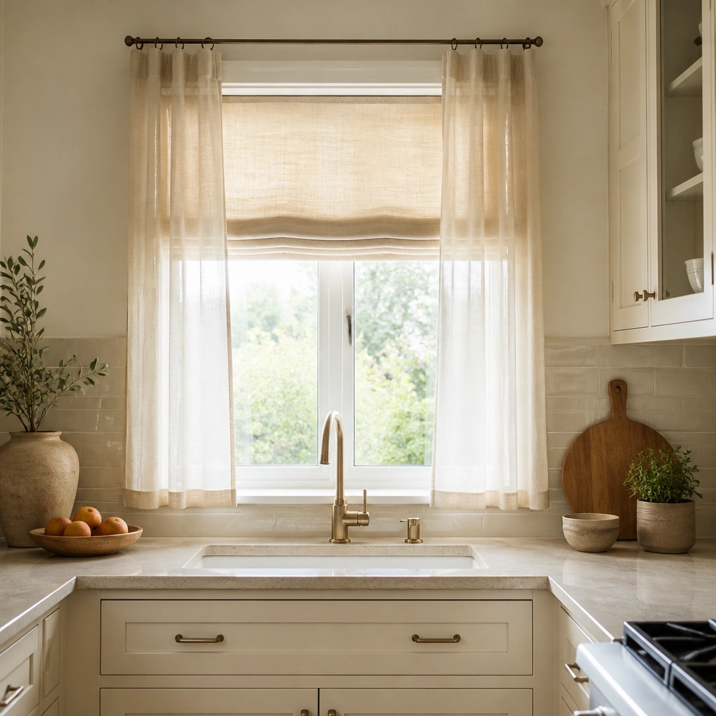 A small kitchen window with a warm beige roman shade and a simple, thin curtain rod. The curtains are sheer-beige and fall straight to the sill. Daylight brightens the backsplash and counters.