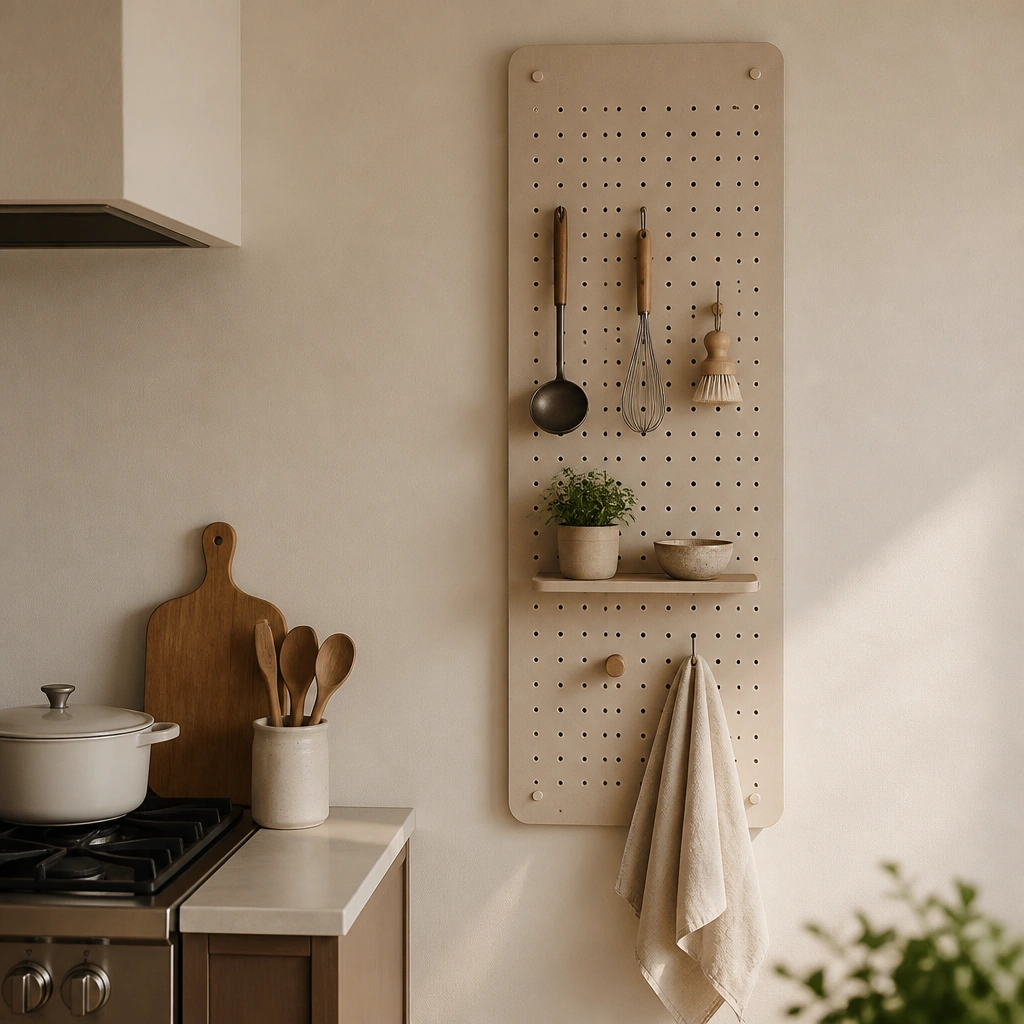A vertical pegboard panel painted warm beige on a kitchen wall near the stove. It holds a few hanging utensils, a small shelf, and hooks for a towel. The rest of the wall is uncluttered.