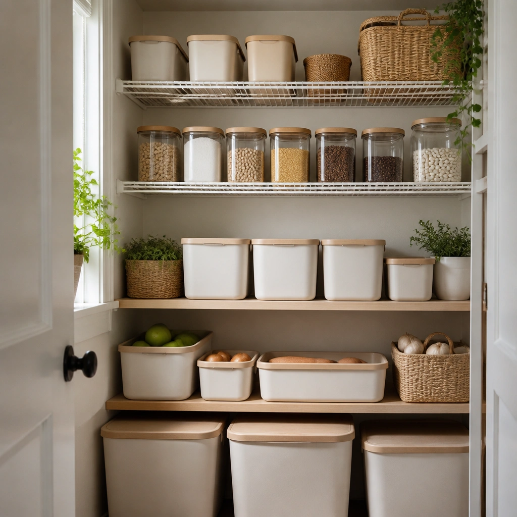 Inside a small pantry with wire or wood shelves. The bins have beige lids and light neutral bodies. Labels are minimal, and items are arranged by category with a tidy front edge.