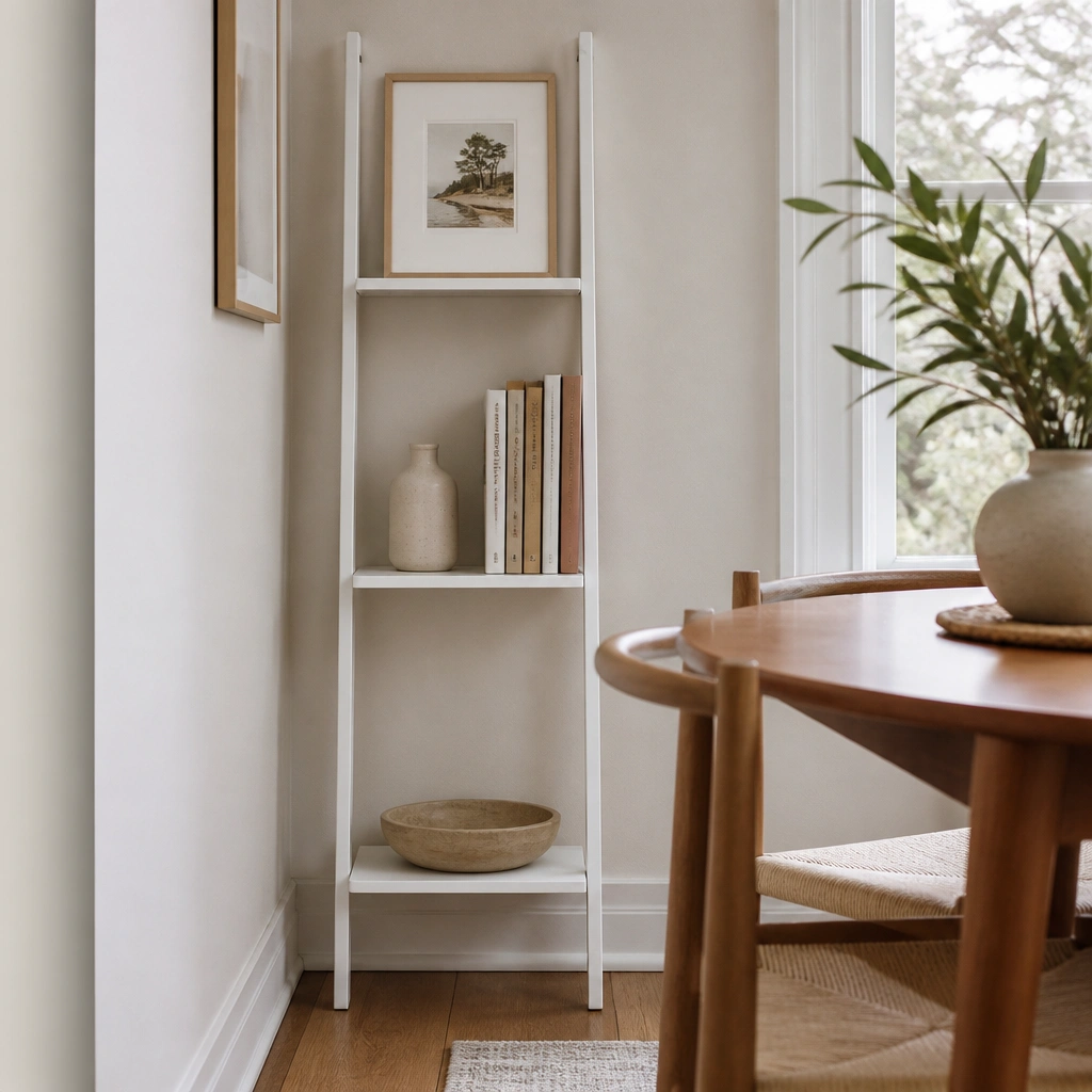 A slim white ladder-style bookshelf tucked into a dining corner, with three vertical shelves. A small ceramic vase and a stack of cookbooks sit on the middle rung; the top holds a framed print. Floor is visible with a narrow clearance between shelf and table legs.