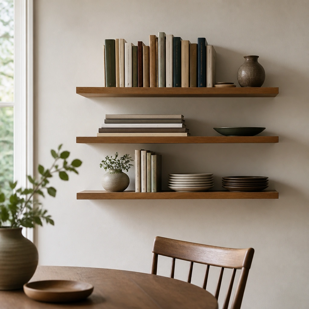 Three floating picture-ledge shelves mounted on a single wall above a dining chair. The shelves are staggered: books stand upright on the top ledge, stacked horizontally on the middle, and a mix of small cookbooks and plates sits on the bottom. All shelves appear perfectly level with slim, hidden brackets.