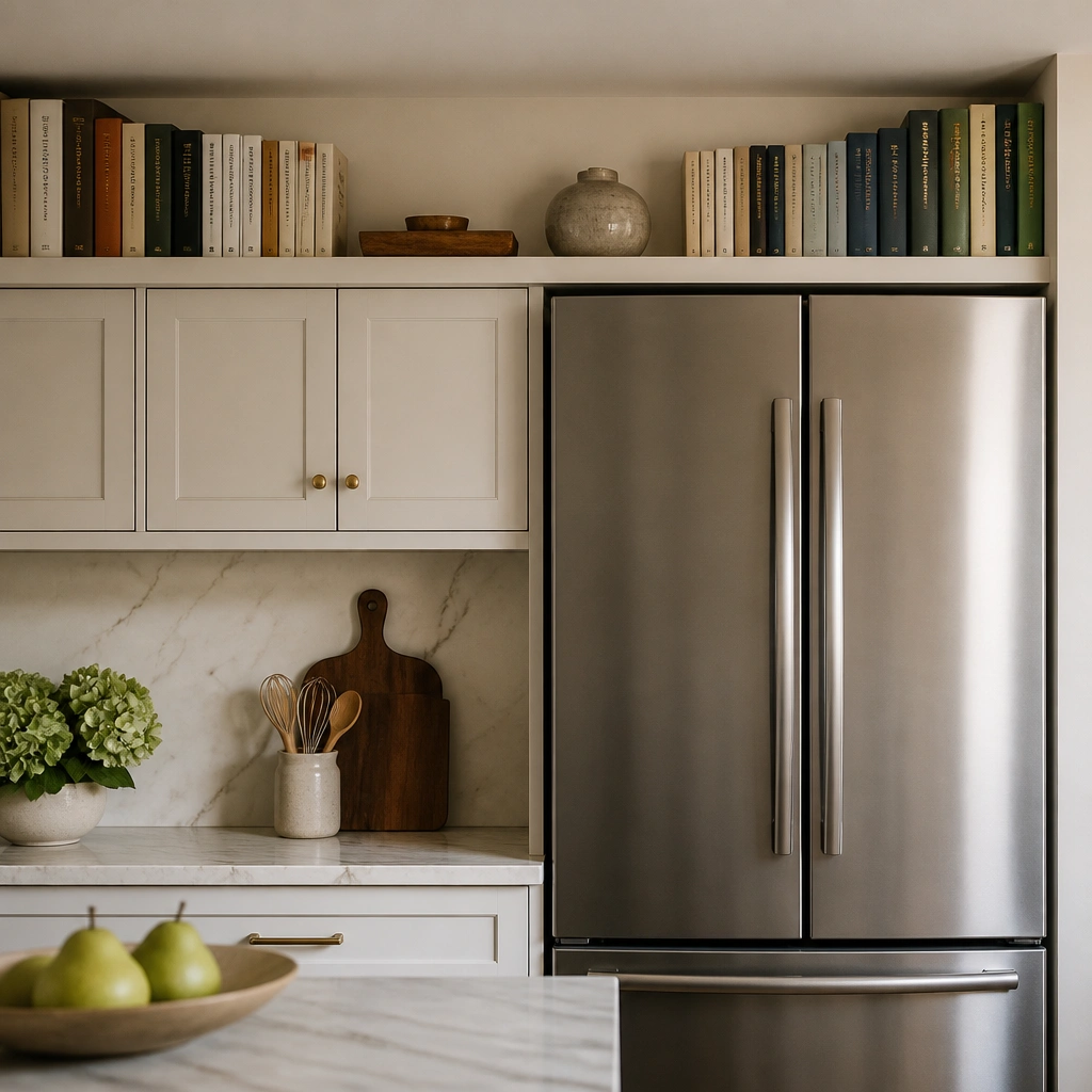 A long, slim wall shelf installed above the refrigerator and aligned with the top line of upper cabinets. Books are arranged by size: tall hardcovers on the ends, slimmer paperbacks in the middle. A small tray and a decorative jar sit between book stacks.