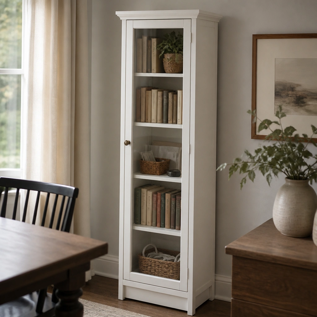 A narrow bookcase with glass-front doors, painted soft white, placed against a dining wall. Inside, books are lined neatly, and a few small baskets store bookmarks and chargers. Light reflects off the glass, but clutter is contained behind the door.