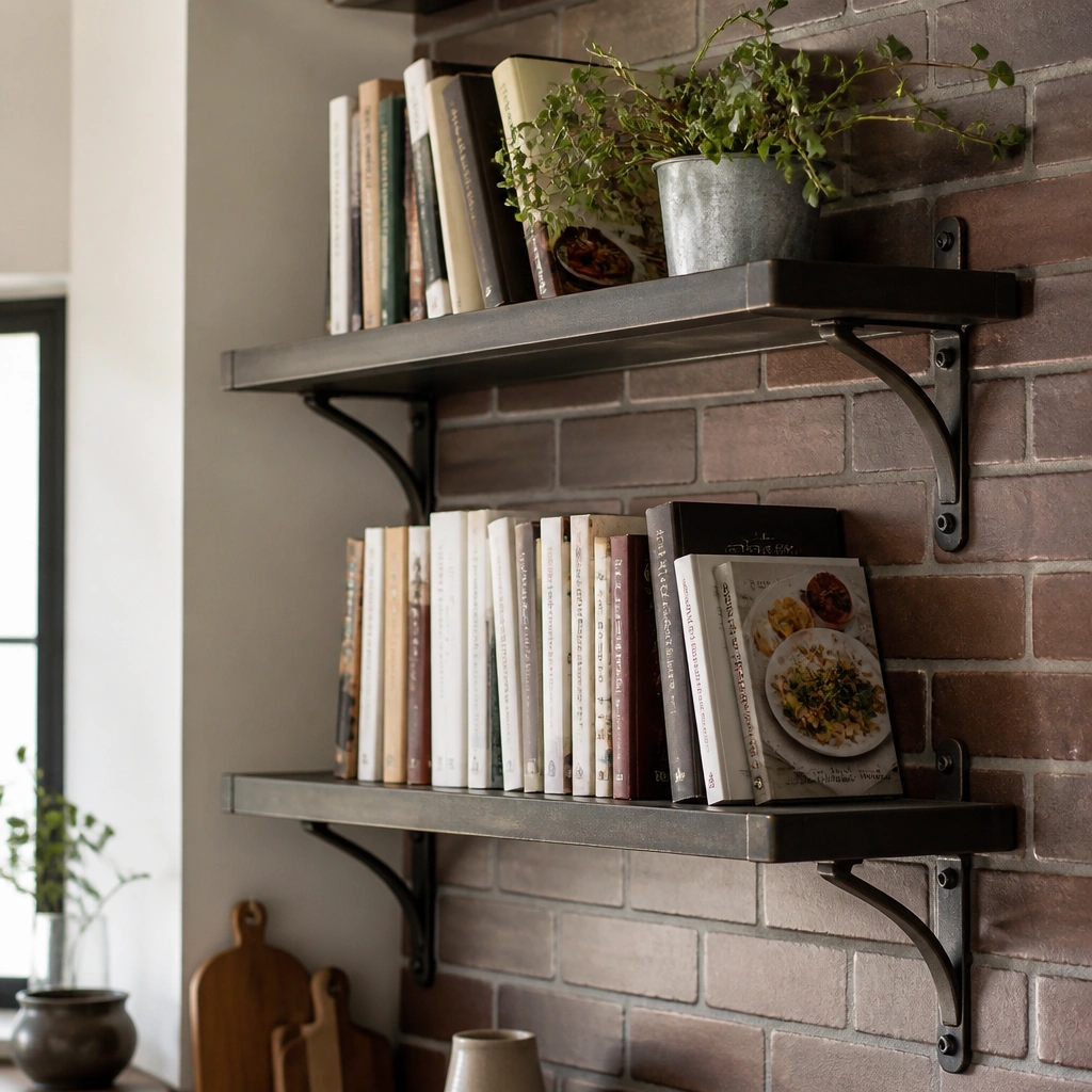 A dark bronze metal shelf system with visible brackets mounted to a brick-style backsplash wall. Cookbooks sit upright with some leaning spines, and a small plant in a tin pot rests on the corner. The shelf looks industrial but clean.