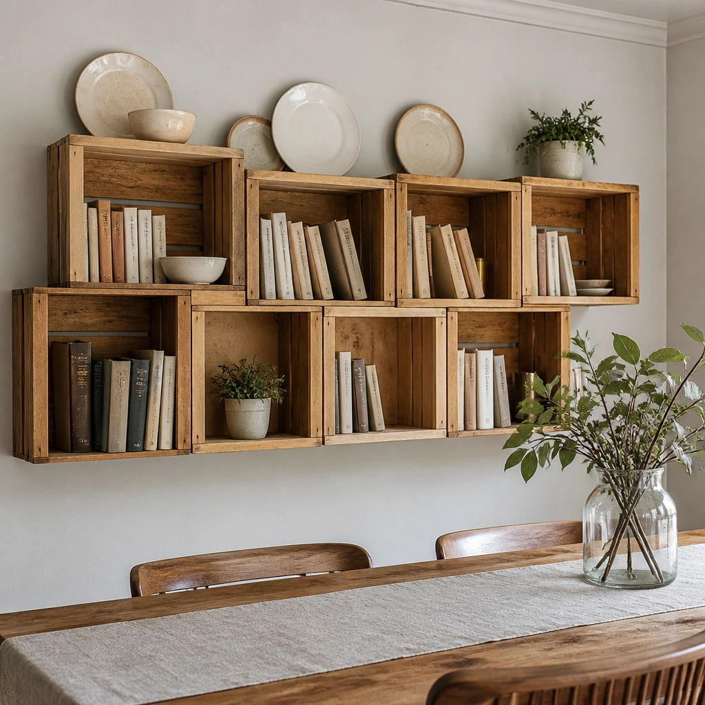 Wood crate-style shelving units stacked in a staggered grid on a dining wall. Books sit in each crate with a few decorative plates on the top. The wood is natural, and the crates are secured so they don’t wobble.