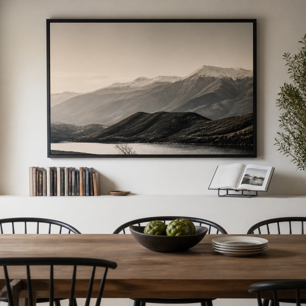 A large framed print above a dining table with a thin shelf barely visible underneath. A row of small cookbooks and a cookbook stand sit on the shelf. The shelf blends into the wall color, making it look like part of the art display.
