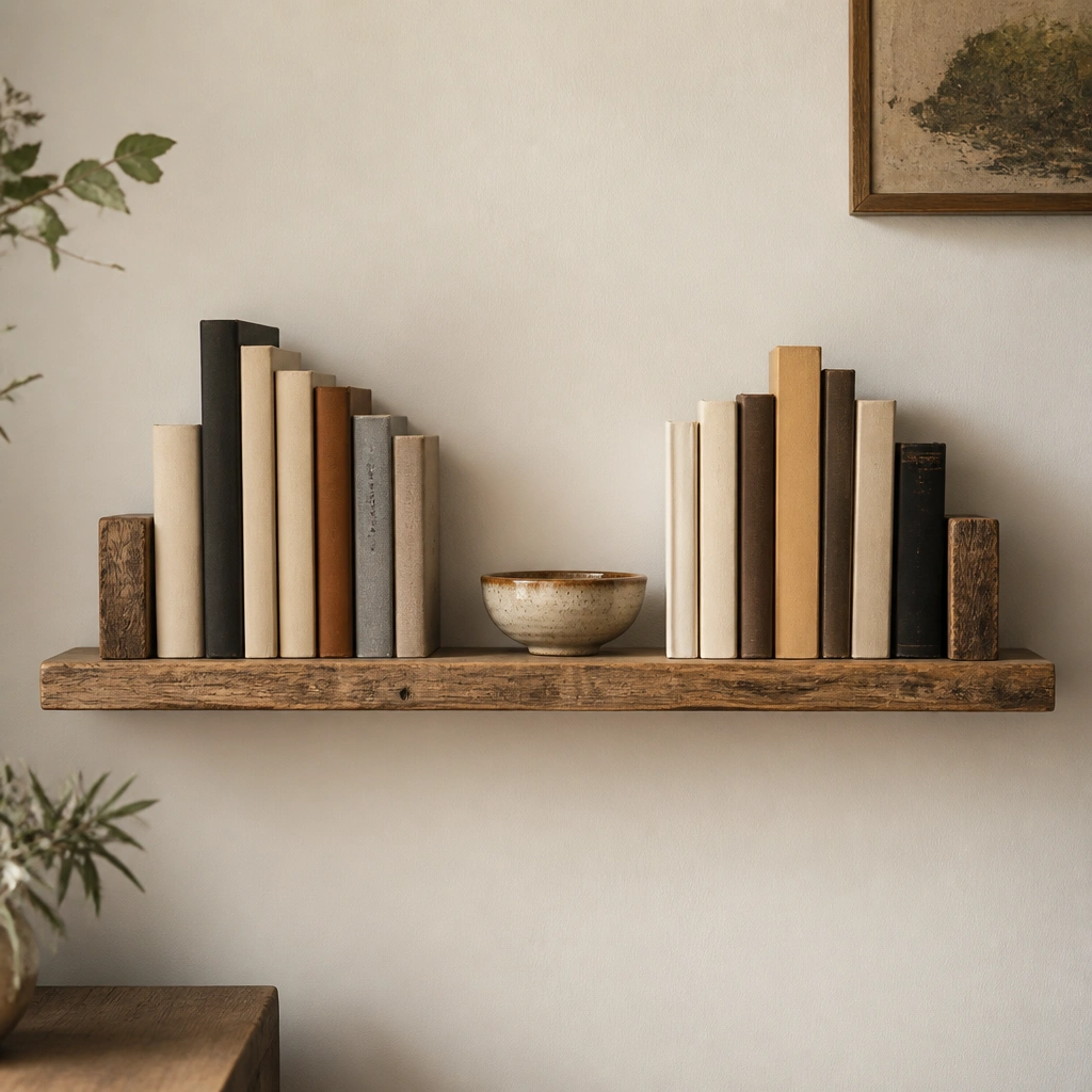 A narrow reclaimed wood shelf mounted on a light wall, with two small book end blocks at the ends. Books are arranged in alternating heights, and a small ceramic bowl sits near the center. The wood grain is visible and warm.