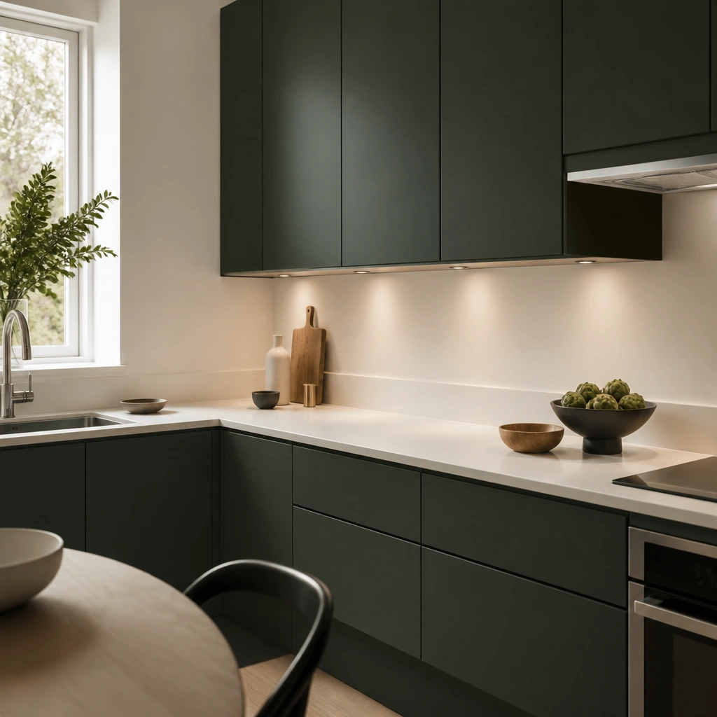 A small kitchen with deep hunter green flat-panel cabinets (no visible hardware), white quartz countertops, and a thin backsplash strip in glossy white. The cabinet doors align cleanly with a narrow countertop overhang. Brushed nickel under-cabinet lights cast soft shadows.