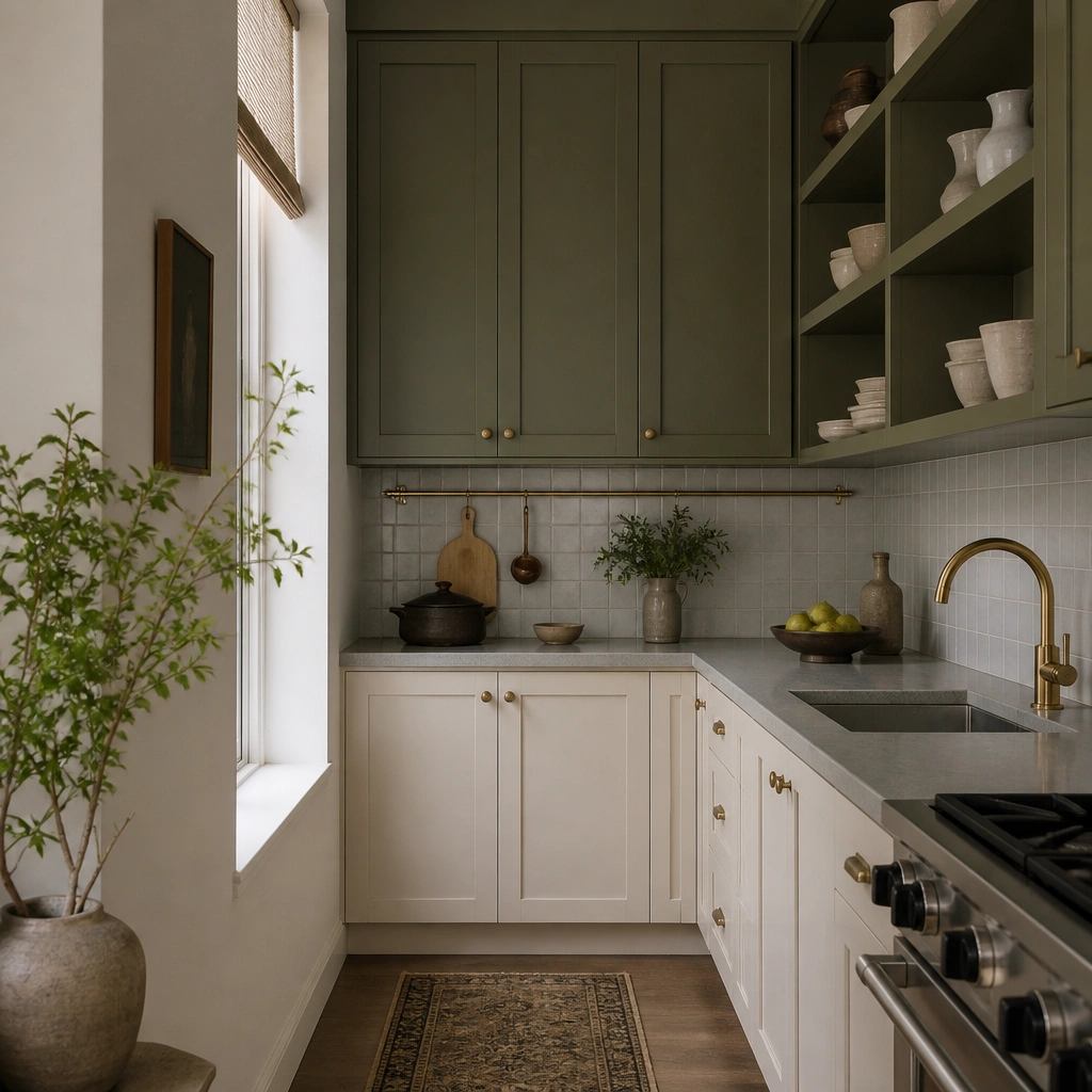 A narrow kitchen with olive green upper cabinets and open shelving in matching olive. Lower cabinets are painted off-white. A light gray backsplash with small square tiles. A simple brass rail under the uppers and a few ceramic dishes on display.