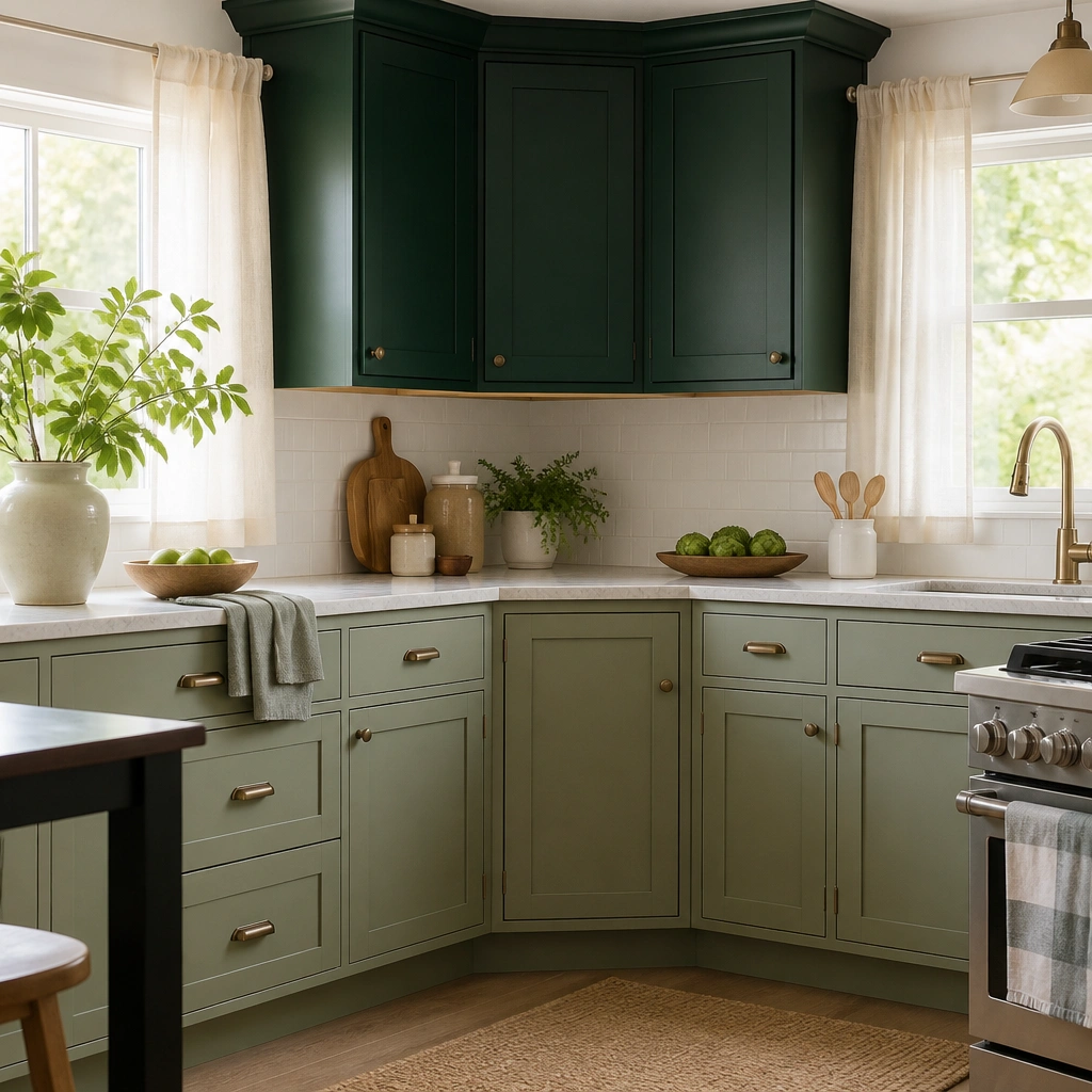 A corner kitchen with sage green base cabinets and emerald green upper cabinets. The corner has a diagonal cabinet door with a shaker frame. Light stone-look laminate counters and a simple white backsplash. Two small windows with airy curtains brighten the space.