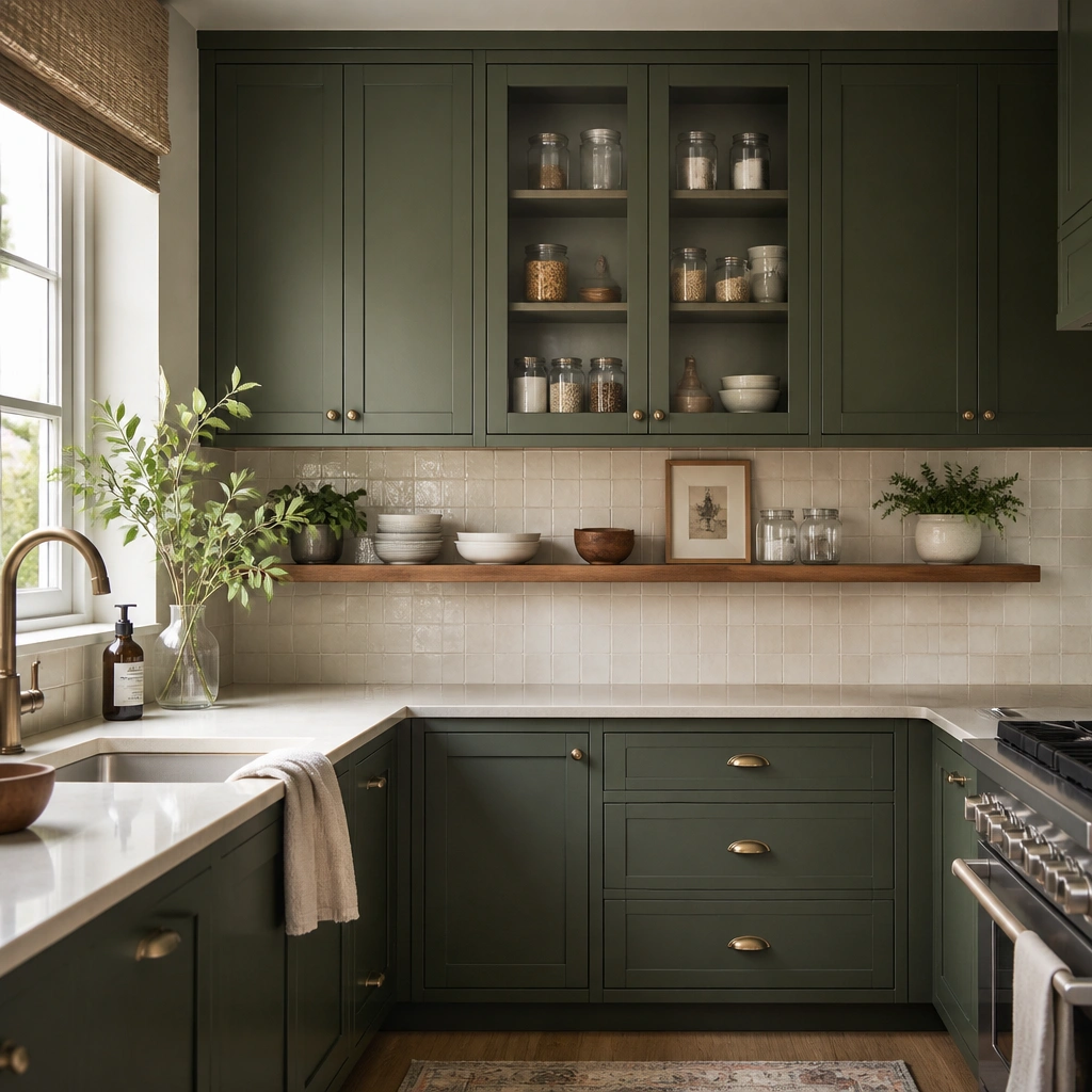 A compact kitchen featuring matte moss green cabinets with two glass-front doors on the upper run. The rest are solid doors in a consistent matte finish. A cream backsplash, warm wood floating shelf, and a few clear canisters inside the glass.