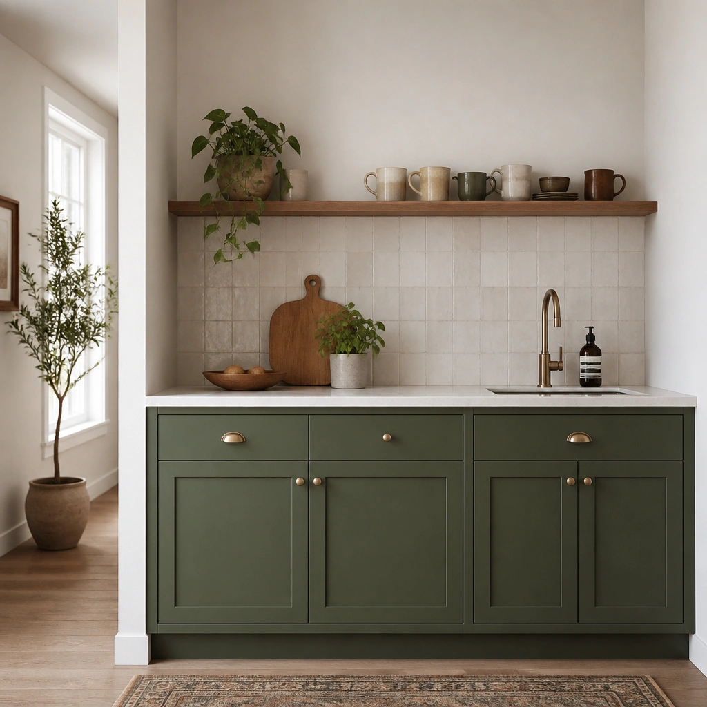 A small kitchen wall with green cabinets on the lower half and a short run of open shelving above the counter. The upper area is partially open, showing wall space. White walls, a light backsplash, and a few neatly arranged mugs and a cutting board.