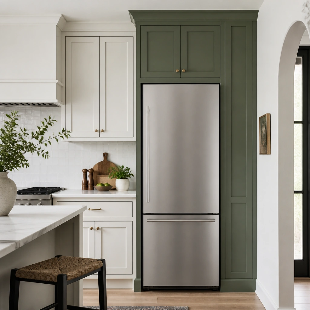 A compact kitchen with a tall green cabinet surround around a built-in fridge. The rest of the cabinets are white or very light cream. The green cabinet has a sleek shaker door style and matching trim. White walls and a bright backsplash keep the area crisp.
