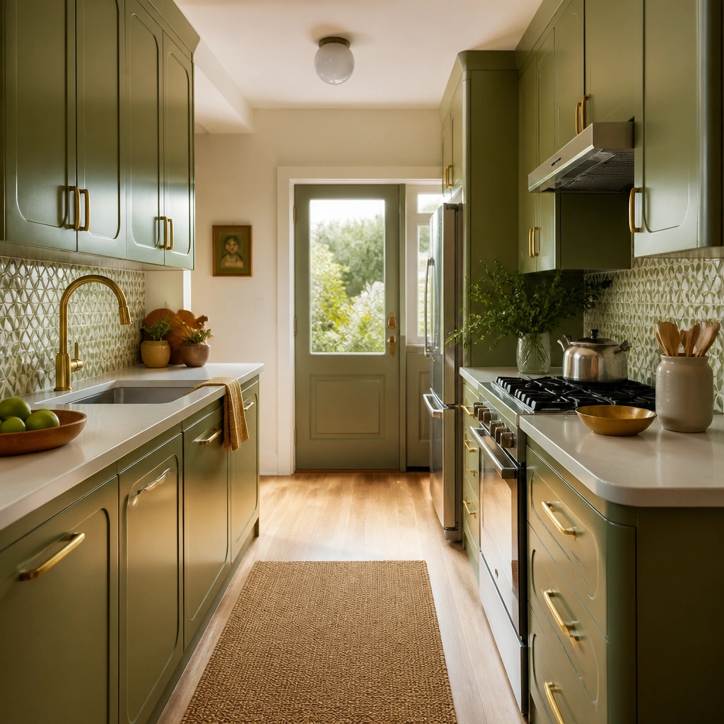 A narrow galley kitchen with retro green cabinets (slightly glossy satin) and warm brass bar pulls. The cabinets use rounded shaker edges with a mid-century vibe. A light laminate countertop and a small patterned tile backsplash strip.
