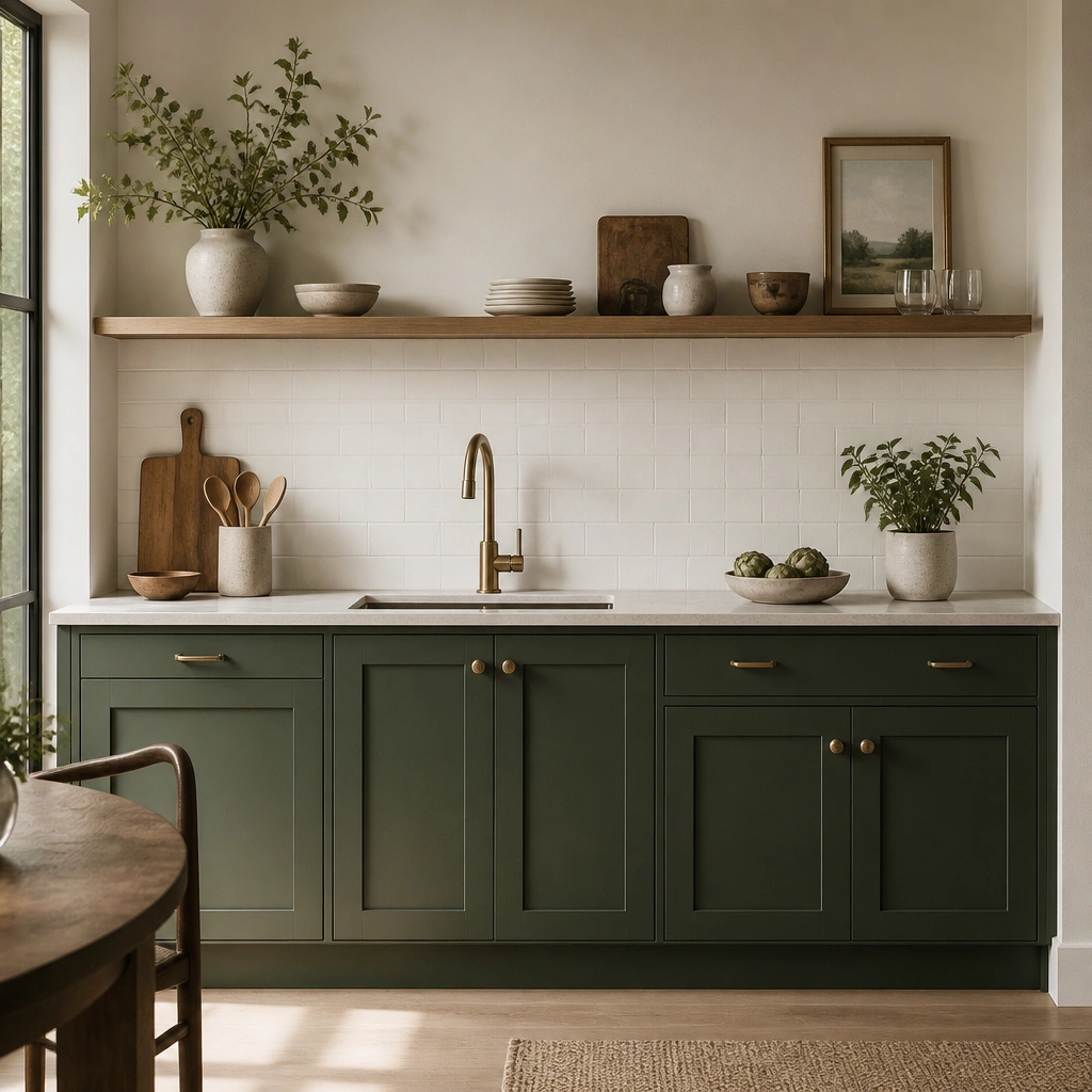 A one-wall kitchen setup with compact green base cabinets in a smooth shaker style. The wall above has one floating shelf in wood, not an entire upper cabinet run. The backsplash is a simple white tile and the counter is pale stone.