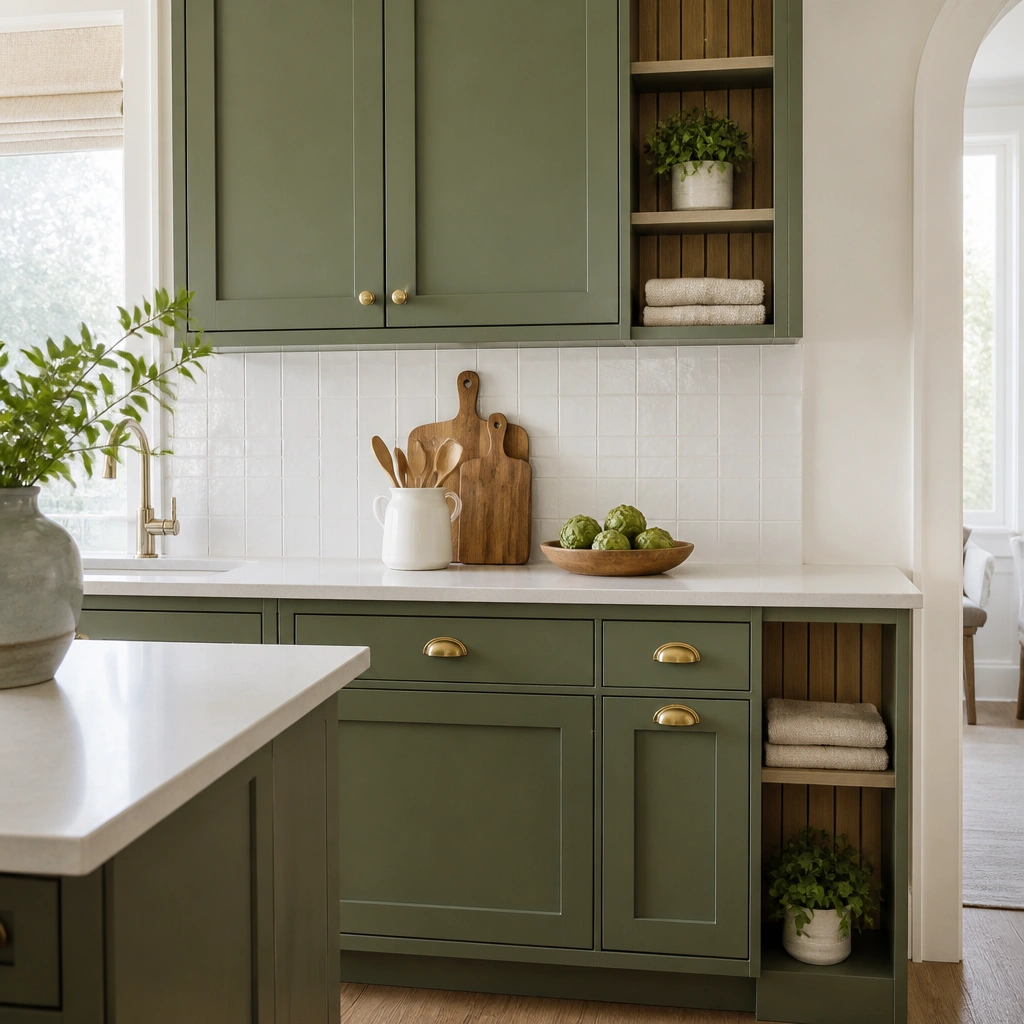 A compact kitchen with green cabinets that include small open nooks (not full shelves) on the side. The nooks have light wood slat backing. A white backsplash and pale countertop. A few folded dish towels and a small plant sit in the nooks.