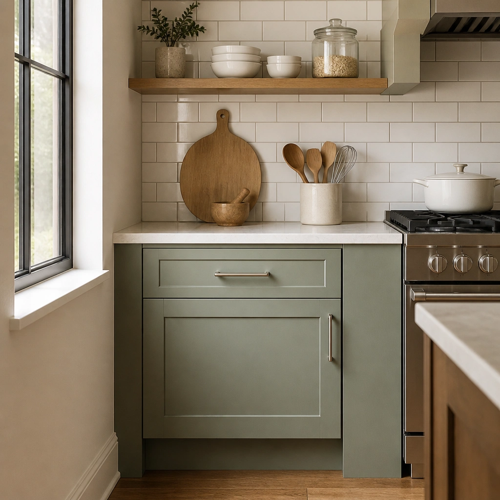 A compact kitchen corner with a 24-inch-wide sage green shaker base cabinet painted a soft, slightly gray-green. A slim floating shelf runs above a light countertop, with small white dishes and a glass jar arranged neatly. The backsplash is white subway tile with light gray grout, and brushed nickel bar pulls contrast the green.