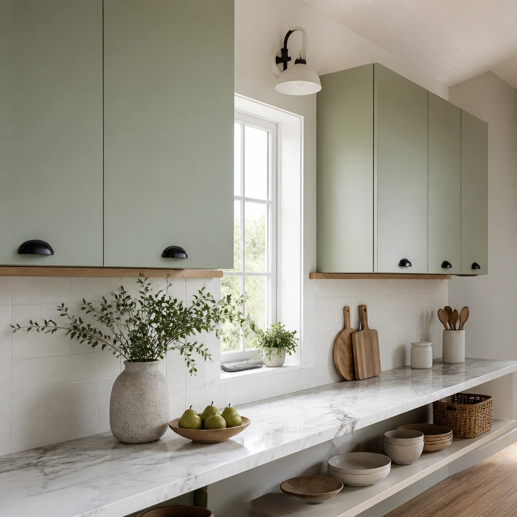A narrow kitchen wall featuring only light mint green upper cabinets with simple slab fronts. The lowers are either minimal open shelving or a clear countertop with no bulky cabinetry. The backsplash is warm white tile with a thin wood trim, and the hardware is matte black cup pulls. A small window sits between cabinet sections.