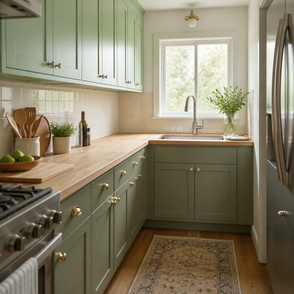 A compact galley kitchen with upper cabinets painted bright mint green and lower cabinets painted a calmer sage green. The countertop is light oak or butcher-block style, and the backsplash is cream-colored tile. The hardware switches from brushed nickel on uppers to gold-tone knobs on lowers. A small window above the sink brightens the scene.