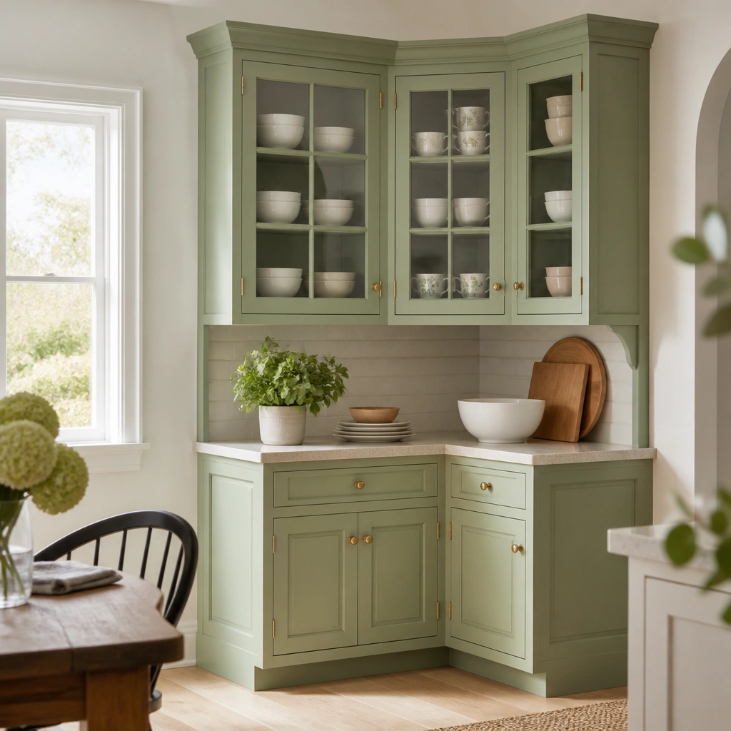 A corner cabinet painted light green with a mix of solid doors and glass-front sections. Inside are neatly stacked white bowls and a few decorative mugs. The frame is painted a bright, light green while the glass is clear with a subtle grid. The countertop is pale stone, and the floor is light wood. Brushed brass hinges and knobs add warmth.