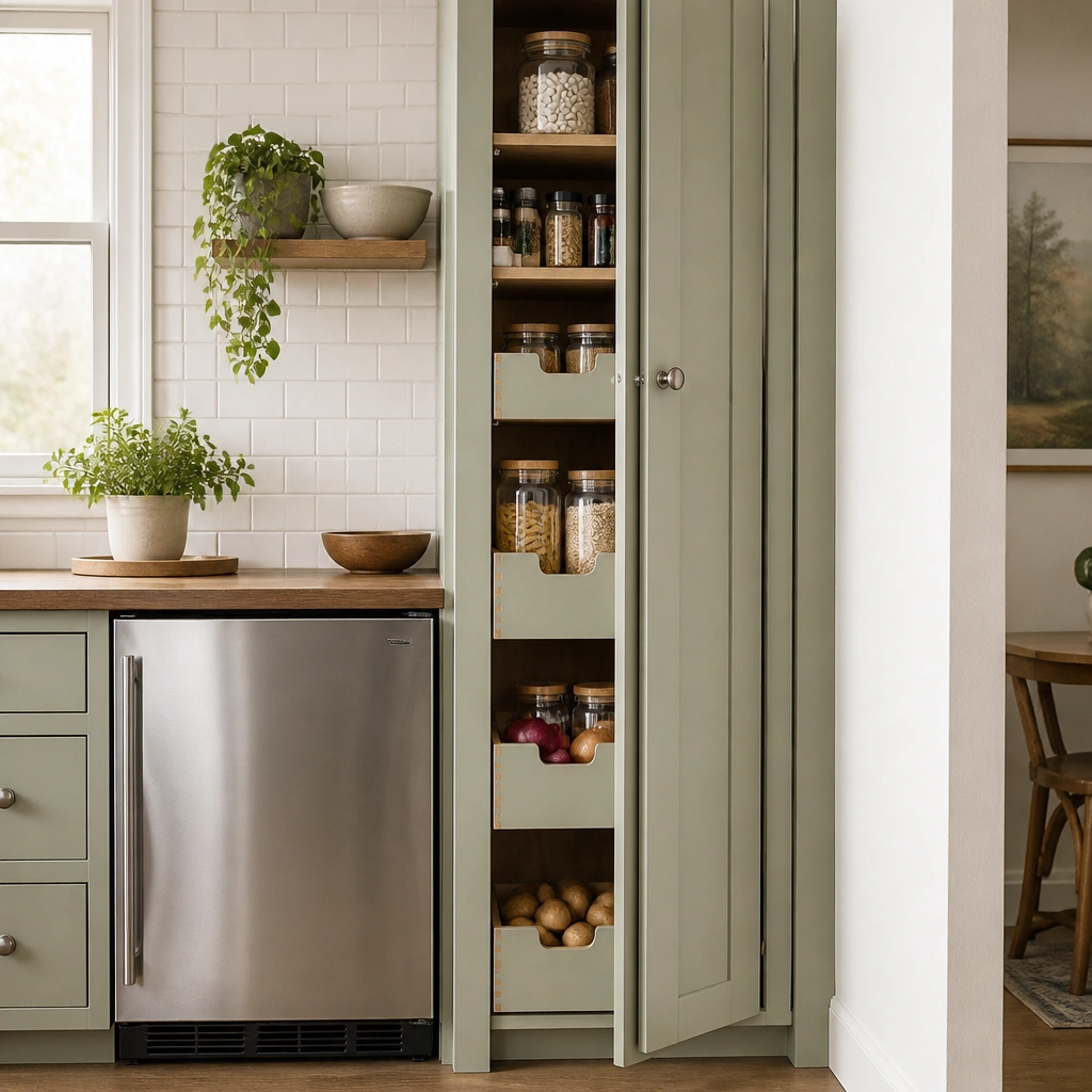 A tall, narrow pantry cabinet painted light green with vertical shaker doors. It sits next to a small refrigerator, with a slim opening that reads like a built-in. Inside are pull-out shelves and labeled bins. A white tile backsplash and warm wood countertop frame the cabinet. The hardware is simple round knobs in brushed nickel.