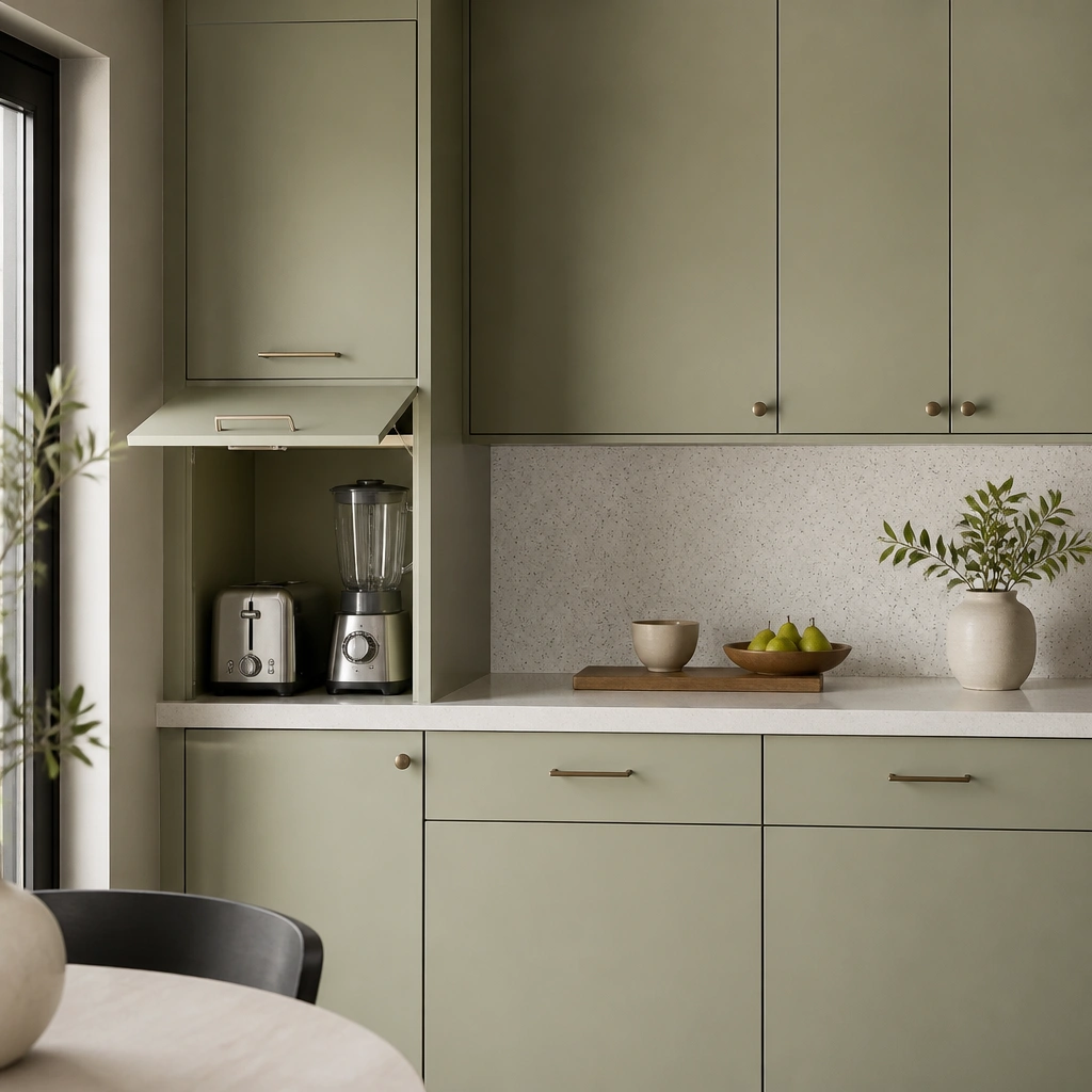 A small kitchen wall with light green flat-panel cabinets and a narrow appliance garage painted the same color. The garage door is a simple pull-down or hinged panel with a recessed handle. The countertop is light and uncluttered, and a toaster and blender are tucked away. The backsplash is white with gray speckles.