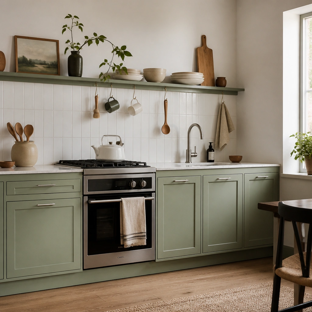 A compact kitchen with light green base cabinets featuring a slightly raised toe-kick and a thin floating rail along the wall above the base. Small hooks hang under the rail for mugs or utensils. The backsplash is simple white tile, and the cabinet hardware is minimal bar pulls in chrome.