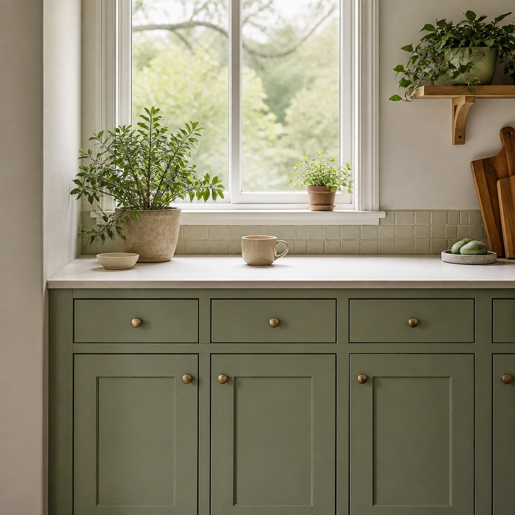 A small kitchen section under a window with shallow-depth light green cabinets. The window sill is painted white, and the cabinet doors are simple shaker style with small round knobs. A light countertop sits just below the window, with a few plants and a coffee cup. The backsplash is a narrow strip of tile.