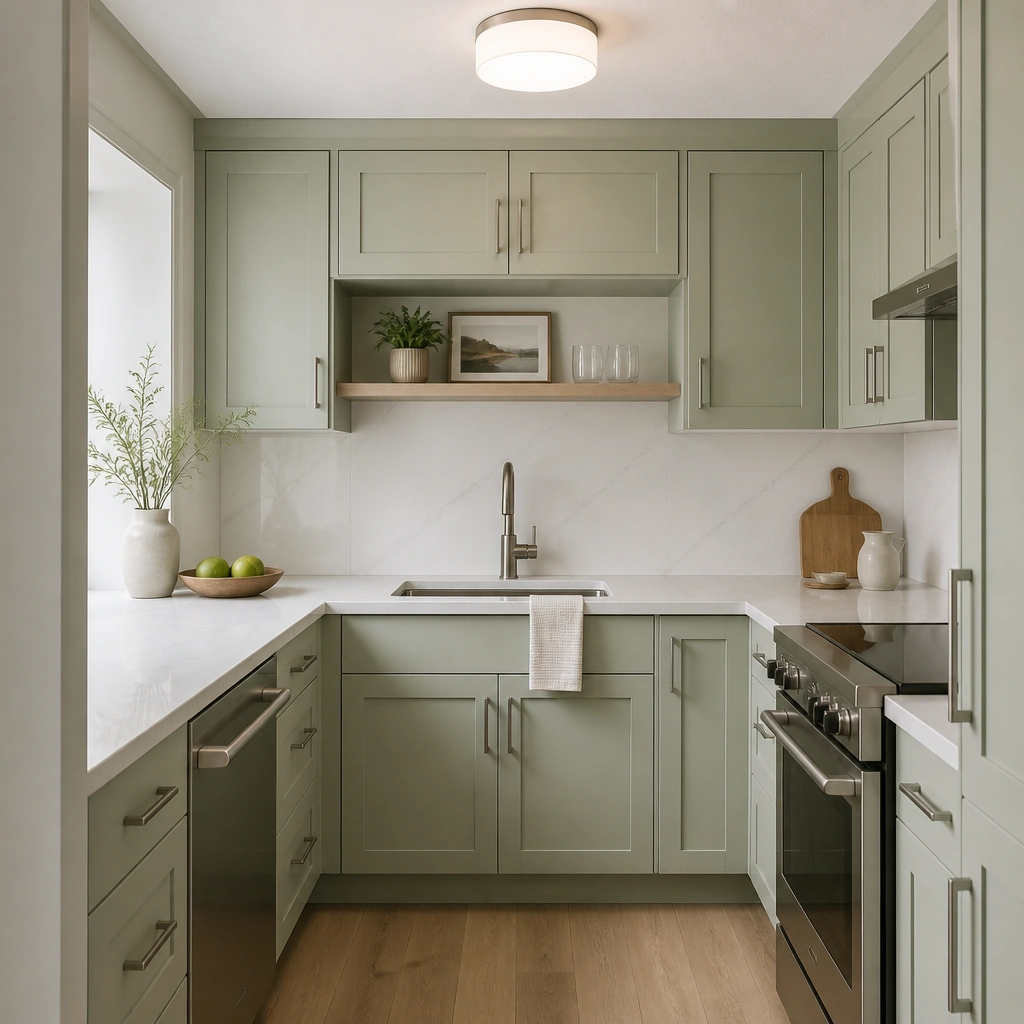A compact kitchen with light green cabinets paired with a quartz-look countertop that has subtle gray veining. The backsplash is a clean white slab or large-format tile, and there’s soft gray trim around the cabinet openings. The hardware is brushed nickel with a simple bar pull. A ceiling light above casts even, bright illumination.