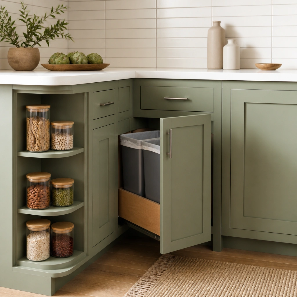 A corner cabinet painted light green with shelves on the side and a hidden pull-out trash bin compartment disguised behind a door. The shelves hold small pantry items in clear containers. The countertop is light, and the backsplash is white with thin gray lines. The corner has a diagonal or lazy-susan style interior. Minimal brushed nickel hardware.