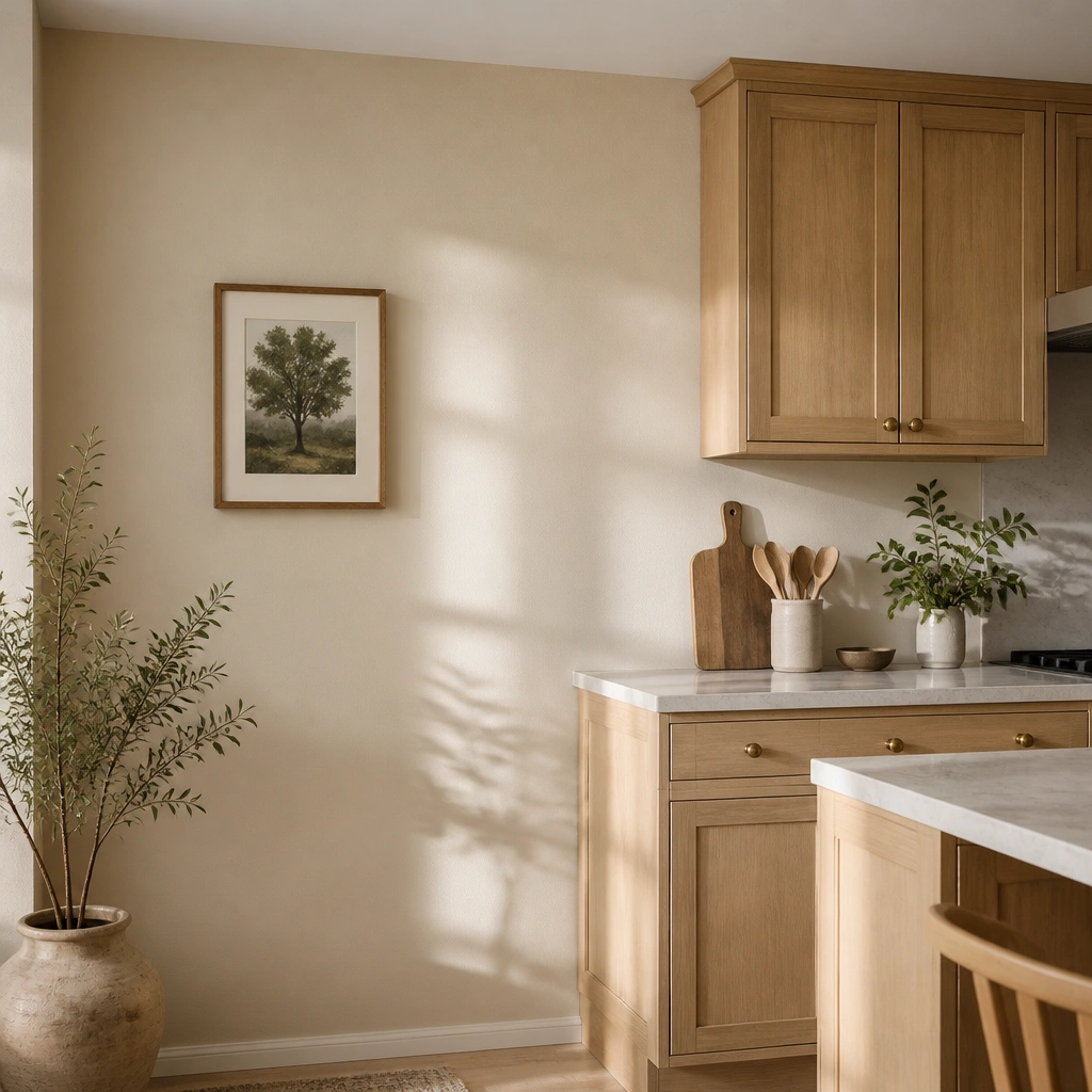 Kitchen corner with creamy warm-beige walls, white ceiling, and a view of light wood cabinets; sunlight creates soft shadows on the wall.