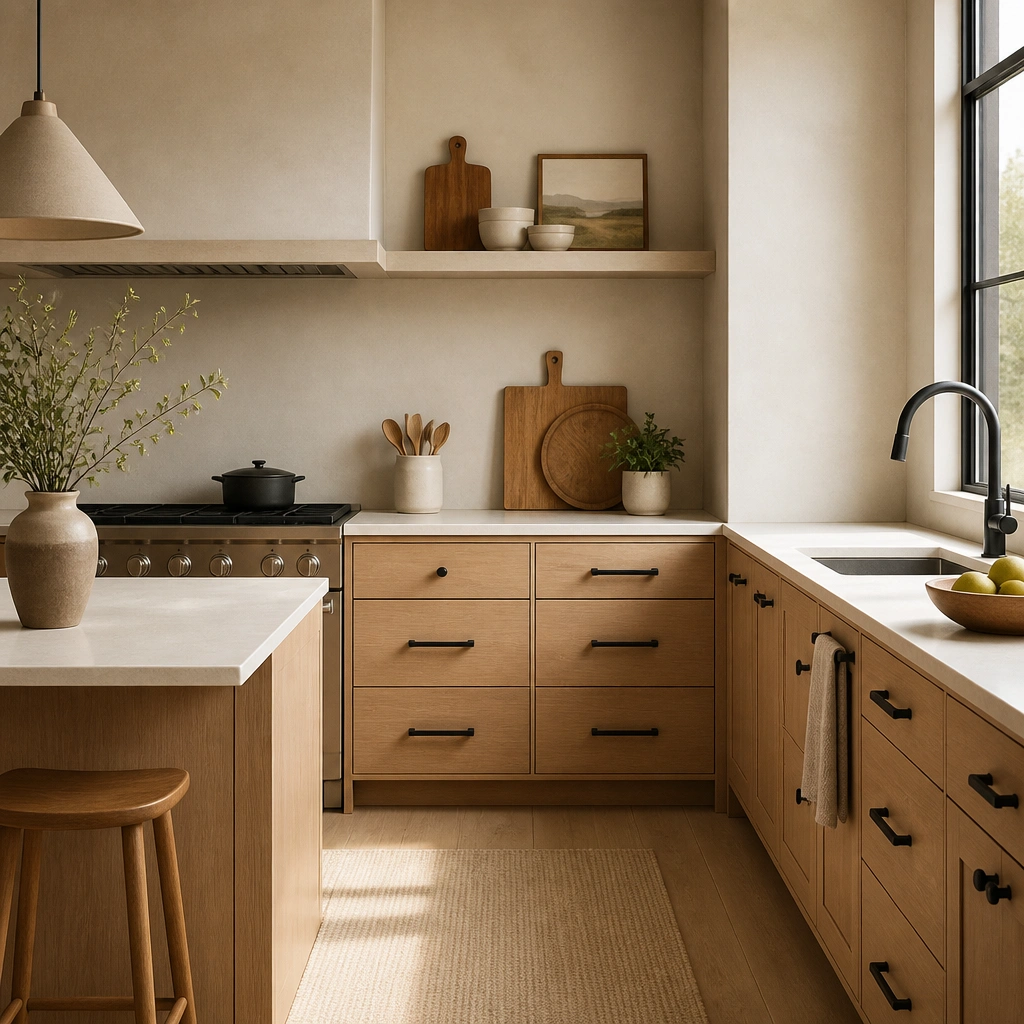 Beige-and-wood kitchen with matte black cabinet pulls and knobs on light wood doors; drawers show clean, simple lines.